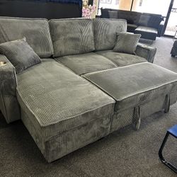 Grey Corduroy Sleeper Sofa With Reversible Storage Chaise 