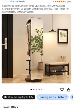 Solid Wood Full Length Mirror Coat Rack, 70" x 20" Oversize Standing Mirror Full Length with Brake Wheels, Floor Mirror for Living Room, Entryway (Bla