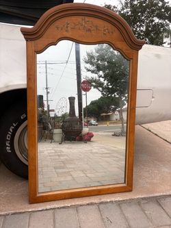Vintage Wood Framed Wall Mirror with Floral Detail