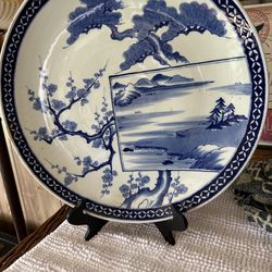 Large antique Japanese blue and white porcelain charger