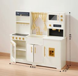 Tiny Land® Iconic Wooden Play Kitchen – Cream Pretend Cooking Set for Kids