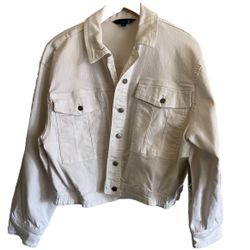 New Broadway 38 White Denim Jacket Womens Trucker Silver Tone Buttons Size Large