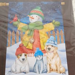 New Snowman And Friends Winter House Flag Dogs Cats 28" x 40" Briarwood Lane