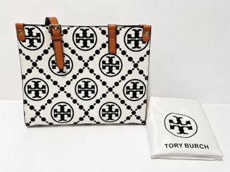 Tory Burch Monogram Logo Tote Bag White Black Beige Brown Shoulder Handbag T-2660