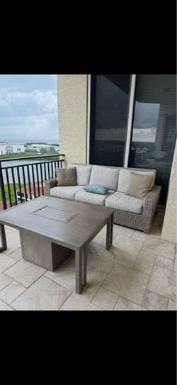 Outdoor Wicker Sofa with chairs and fire pit Table Set