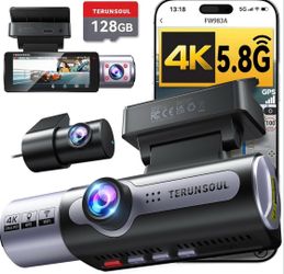 4K Front & Rear Dash Cam, 3 Channel Full HD, GPS, WiFi, Night Vision, 128GB Card