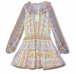 Amanda Uprichard Floral Mini Dress Ruffle Neck Tiered Long Sleeve Pastel Boho women’s Small NEW