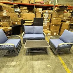 ❤️ 4-Piece Metal Patio Conversation Set with Thick Blue Cushions 