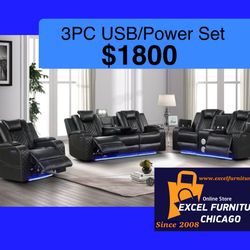 💥FREE DELIVERY💥Brand New POWER, LED, USB  3PC Reclining Sofa Loveseat Chair Set 