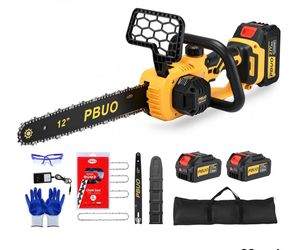 PBUO 12" Cordless Brushless Electric Chainsaw, 2x4.0Ah Batts & 4 Chains (Yellow) Auto Oiler & Safety Lock, Compact & Lightweight, 46FT/S Fast Cutting 