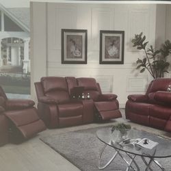 Red Leather Fully Reclining Three Piece Couch Set 