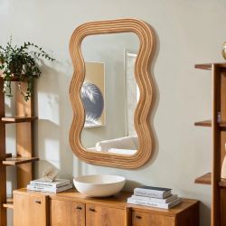 LuxenHome 39-Inch Tall Rectangular Natural Cork Wood Wavy Frame Accent Wall Mirror，A2153
