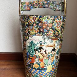 Large Hand-Painted Asian Porcelain Umbrella Stand
