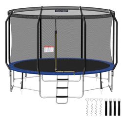 18/8 Full Stainless Steel 12FT Trampoline, Heavy-Duty Outdoor Round Trampoline for Adults Kids with Enclosure Net, Windproof Stake Set, Balance B