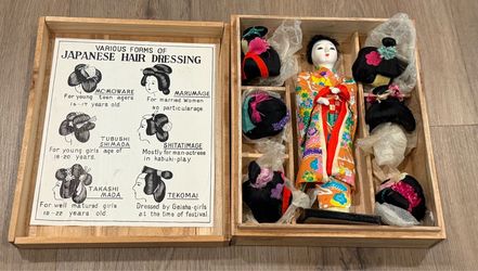 Vintage Hanako Japanese Doll with Six Wigs & Original Wooden Box