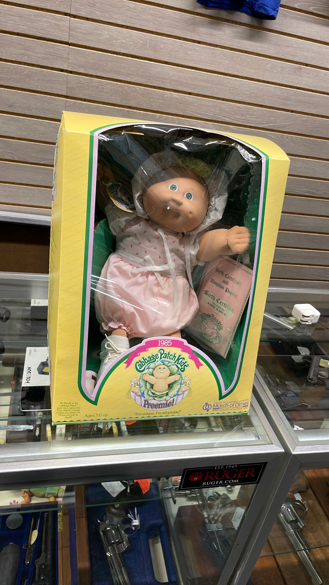 Vintage  Cabbage Patch Doll Preemie Barbi Karla Coleco 1985 Toy New Box  Pink Girl Ribbons Bonnet 