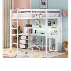 Twin Size Loft Bed with Multi-storage Desk, Twin Loft Bed with Shelf and LED Light, Solid Wood Loft