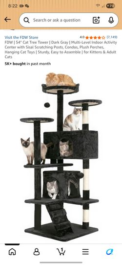 FDW | 54" Cat Tree Tower | Dark Gray | Multi-Level Indoor Activity Center with Sisal Scratching Posts, Condos, Plush Perches, Hanging Cat Toys | Sturd