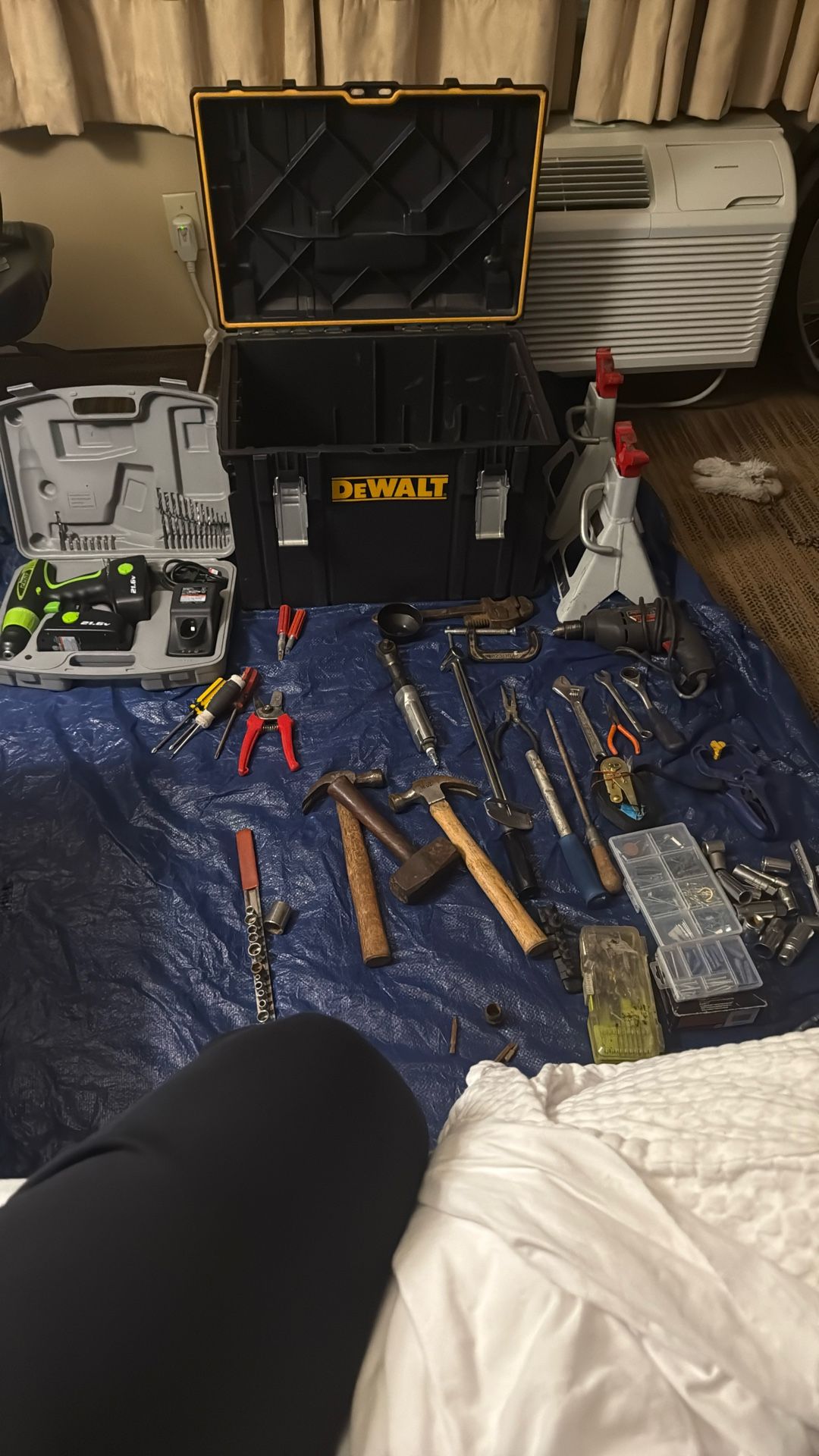 Dewalt Tool Box , Stands , Impact Drill, Kawasaki Drill Set, Tention Bar, Hammers