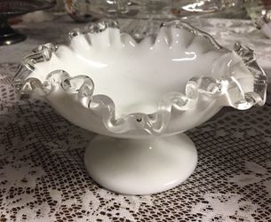Fenton Pedestal Milk Glass Bowl with Clear Furled Edge.