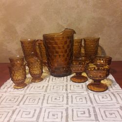 Vintage Indiana Glass Amber Pitcher& Glasses