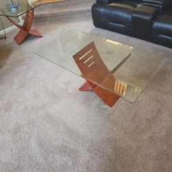Glass and Wood Coffee Table, End Table with Two Lamps
