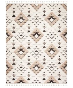 Huge 9' x 12' Moroccan Boho Tassel Shag Area Rug, Extra Thick 2", Ivory & Brown, Boho Modern Design, Soft, Non-Shedding, Easy to Clean