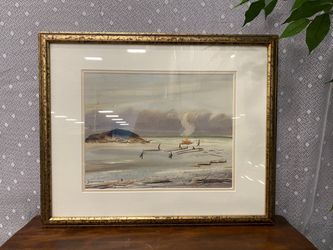 Beach Bonfire Watercolor Art in Golden Speckled Frame