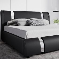 Brand New Modern Faux Leather Queen Bed Frame with Adjustable Headboard and Iron Accents, Deluxe Upholstered Platform Bed with Solid Wooden Slats Supp