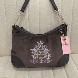 NEW Juicy Couture Chocolate Brown Juicy For All Hobo Bag Velour Embroidered