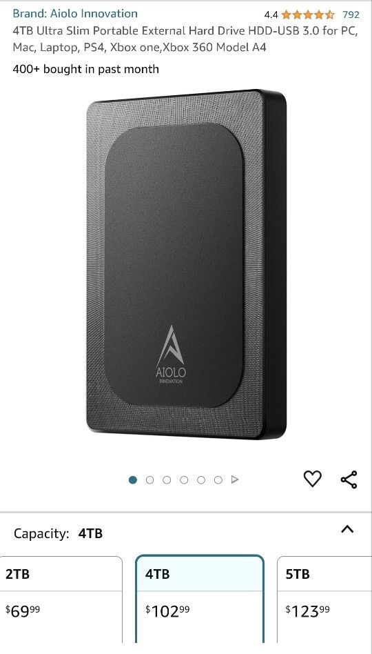 Aiolo Innovation 4TB Ultra Slim Portable External Hard Drive HDD-USB 3.0 Model A4


