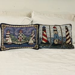 Set Of 2 Vintage Tapestry Lighthouse Accent Pillows 