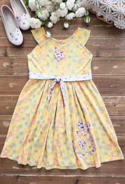 SIZE 14 GIRLS SLEEVELESS MUSTARD YELLOW FLORAL & POLKA-DOT PRINT STRETCHY KNIT DRESS