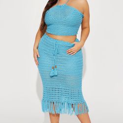 Fashion Nova Blue Crochet Skirt Set 