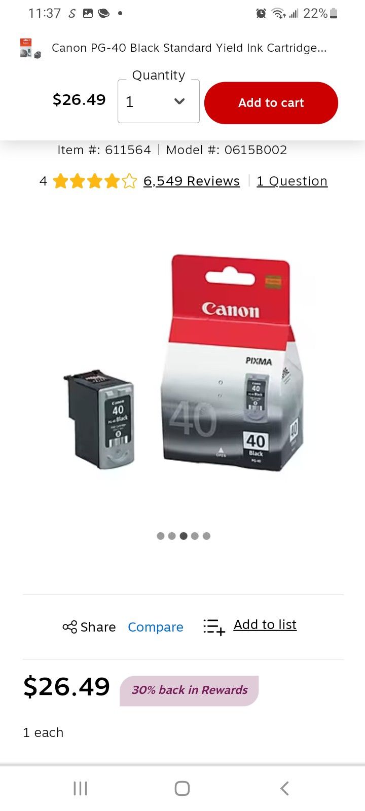 Canon PG-40 Black Standard Yield Ink Cartridge