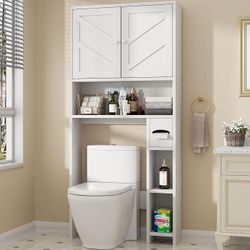 Over the Toilet Storage Cabinet, Bathroom Shelf Organizer 65.4" Barn Doors Bathroom Cabinet with Toilet Paper Holder, Adjustable Shelf and Anti-Tip De