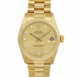 Ladies Rolex 31mm Midsize Presidential 18K Solid Yellow Gold Watch with Champagne Diamond Dial and Fluted Bezel. (Pre-Owned 68279)