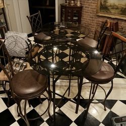 Glass Top Bar Table with 2 Brown Stools Set