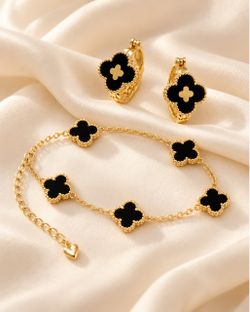 Gold-Tone Black Clover Bracelet and Earrings Set