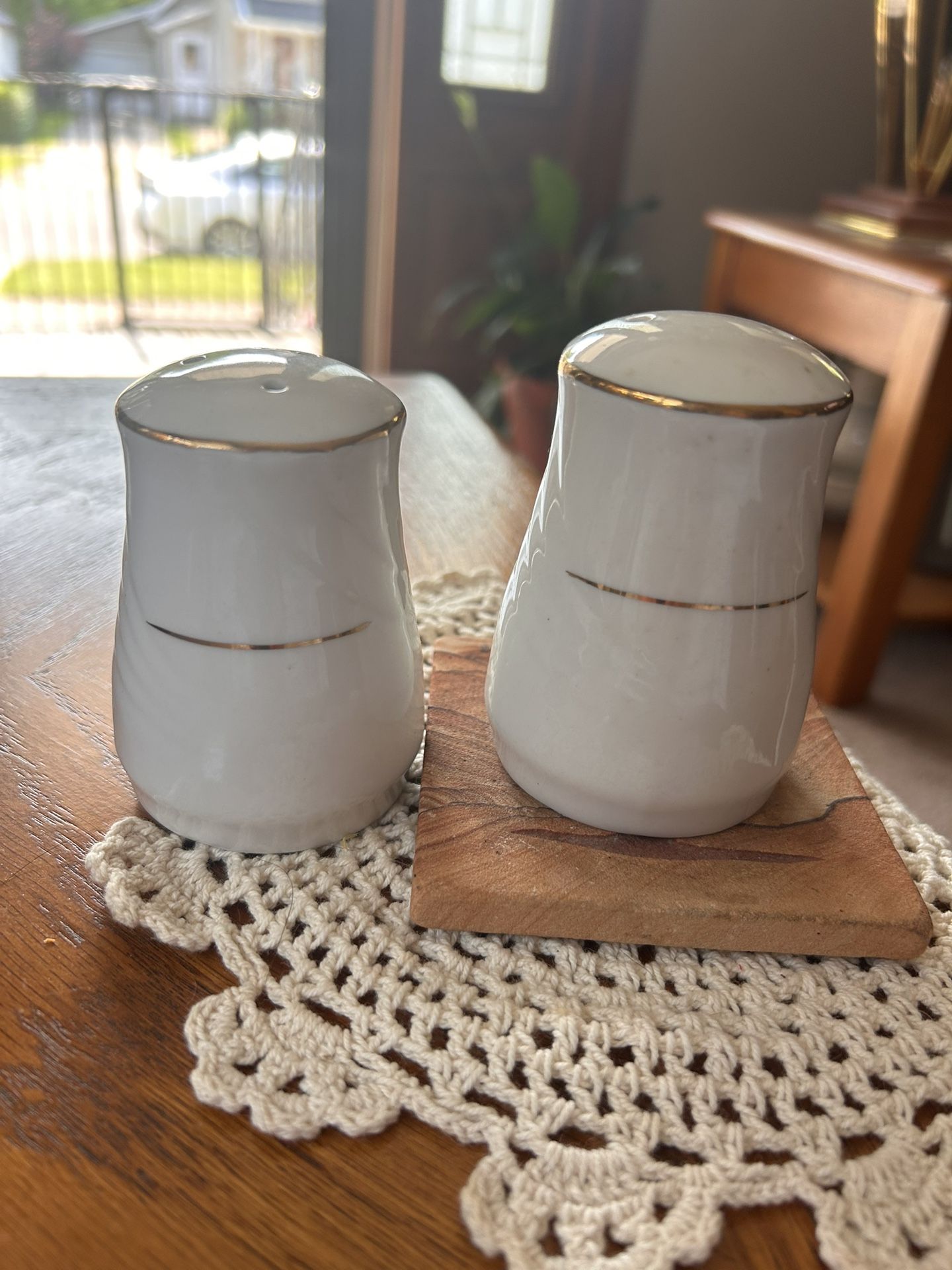 Porcelain Salt And Pepper Shakers With Gold And Feather Design On Side.