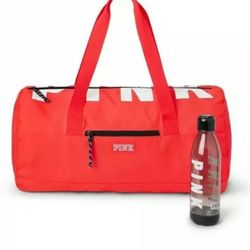 Victoria Secret PINK Vintage Coral  logo Duffle Bag &Water Bottle Bundle 