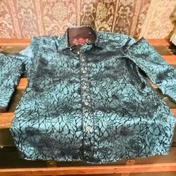 Teal And Black Silk Long Sleeve Button Up Shirt 