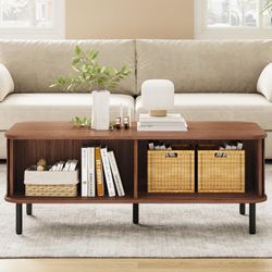 Coffee Table with Storage, 47.2" Mid Century Modern Coffee Tables for Living Room, Rectangle Wood Center Table with Sliding Tambour Door & A