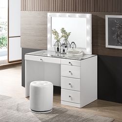 2 Pc White High Gloss Wood. Finish  Make Up Bedroom Vanity 