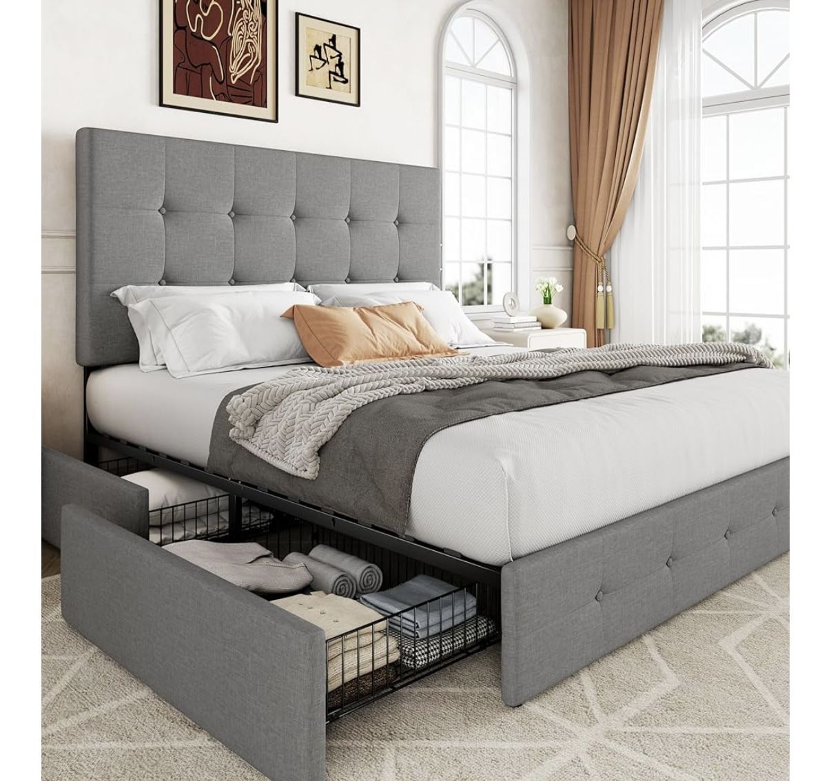 Queen Sized Grey Bed frame With 4 Drawers