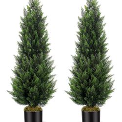 Artificial Topiary Cedar Trees 4FT Tall 2 Set, Outdoor Indoor Faux Pine Shrubs Plants, Retail $90