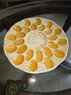 Vintage 13" Ceramic 24 Deviled Egg Tray Plate Platter Yellow-Orange