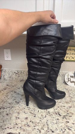 Jessica Simpson Black Slouchy Knee High Boots Stiletto Heels Ruched Tall Boots