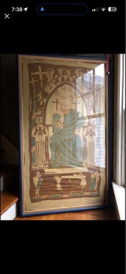 Mid-Century Modern "Bayeux Tapestry" Framed Textile Art – King Harold on His Throne