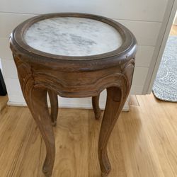 Antique Wood Table With Marble Inset Top